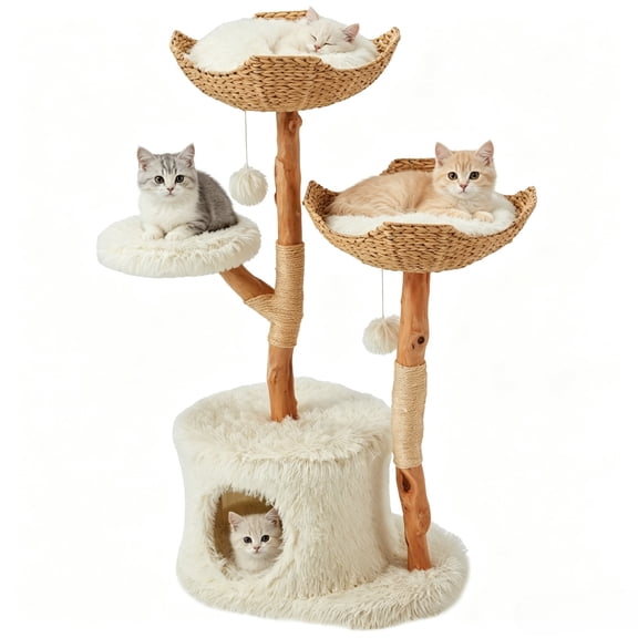 BUPPLEE Natural Wood Cat Tree, Multi-Level Cat Condo with Hand-Woven Baskets & Plush Perches