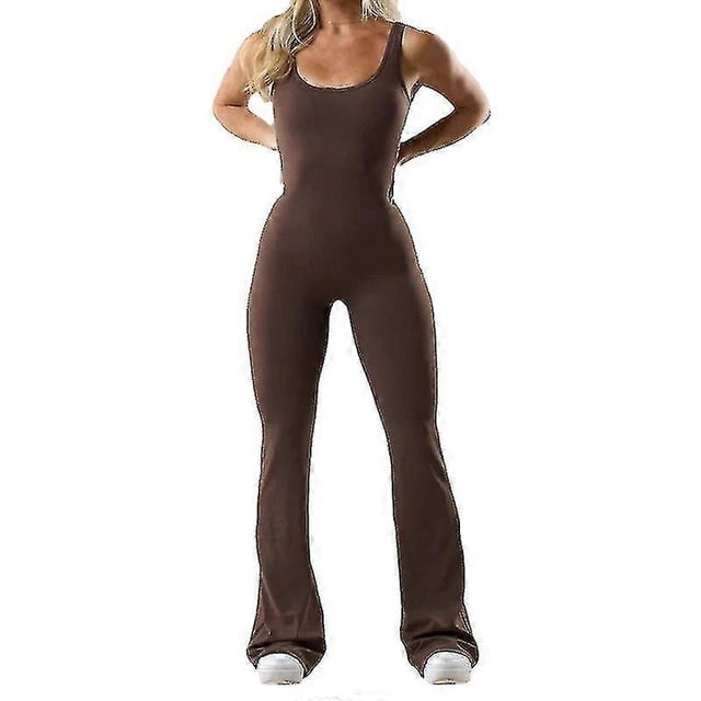 Women Workout Flare Jumpsuits Sexy Backless Gym Bodysuit Yoga Rompers V Back