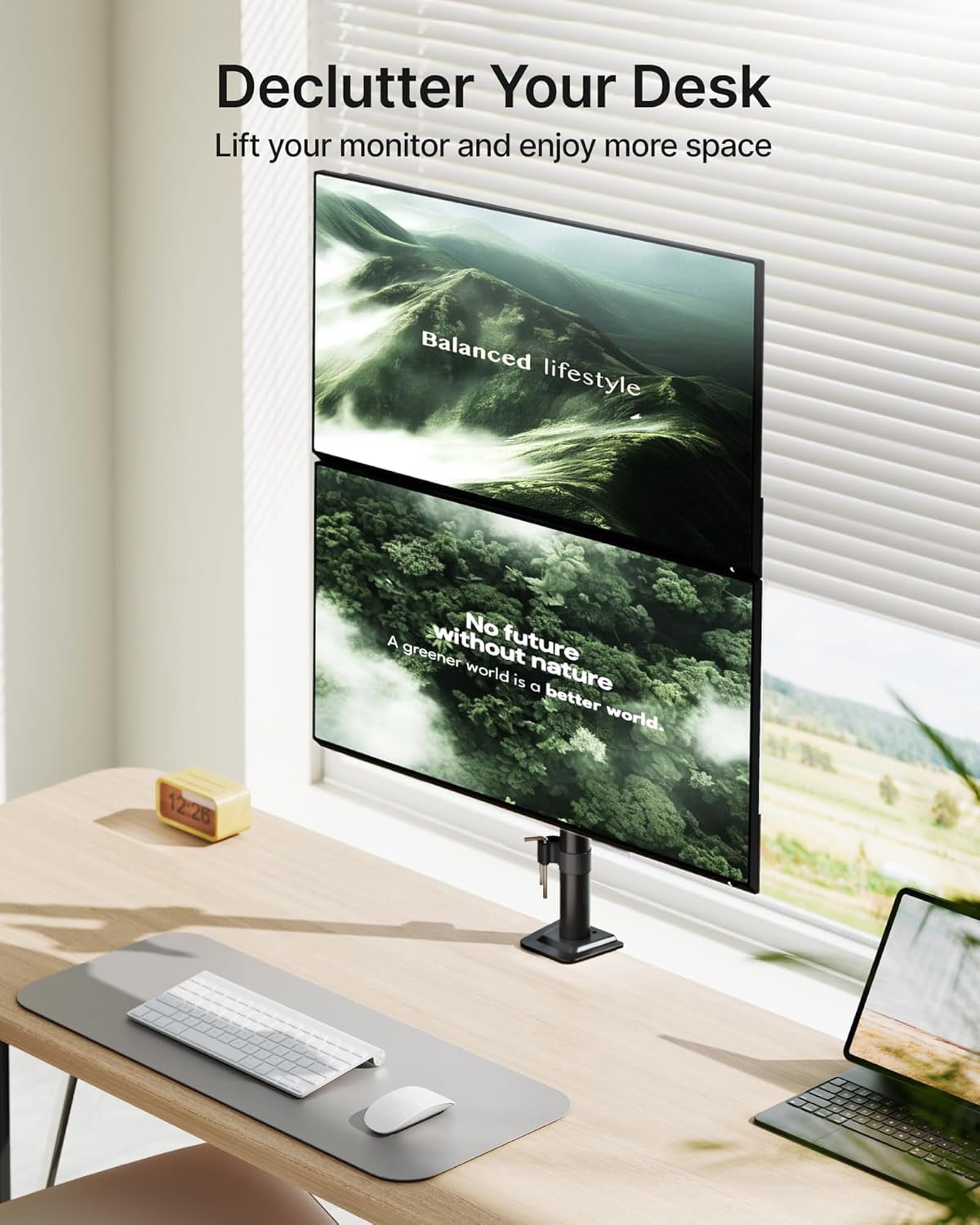 monTEK Vertical Dual Monitor Mount for 17"–32" Screens, Stacked Adjustable Monitor Arm with 31.6" Tall Pole, Holds 22 lb per Screen, C-Clamp & Grommet Base, VESA 75/100mm, Black