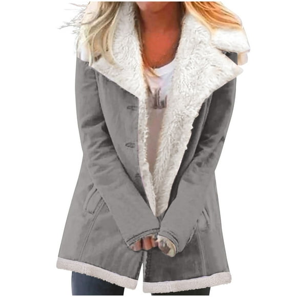 Htigea Clearance Winter Jackets for Women Lapel Sherpa Fleece Lined Jackets Plush Lining Jackets Cosy Soft Plush Coat Casual Plus Size Button Down Outwear with Pocket Clearance Sale Gray,S
