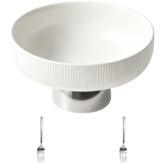 Large Ceramic Fruit Bowl with 2 Forks, White and Silver Pedestal Decorative Bowl, Modern Pedestal Footed Centerpiece Tray for Kitchen Counter, Coffee Table, Home Decor