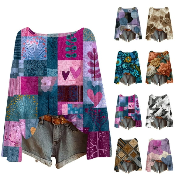 Women's Lightweight Sweater Casual Long Sleeve Knitted Vintage Floral Print Pullover for Fall and Winter, Cozy and Stylish, Ideal for Casual Wear,Blue,Size L