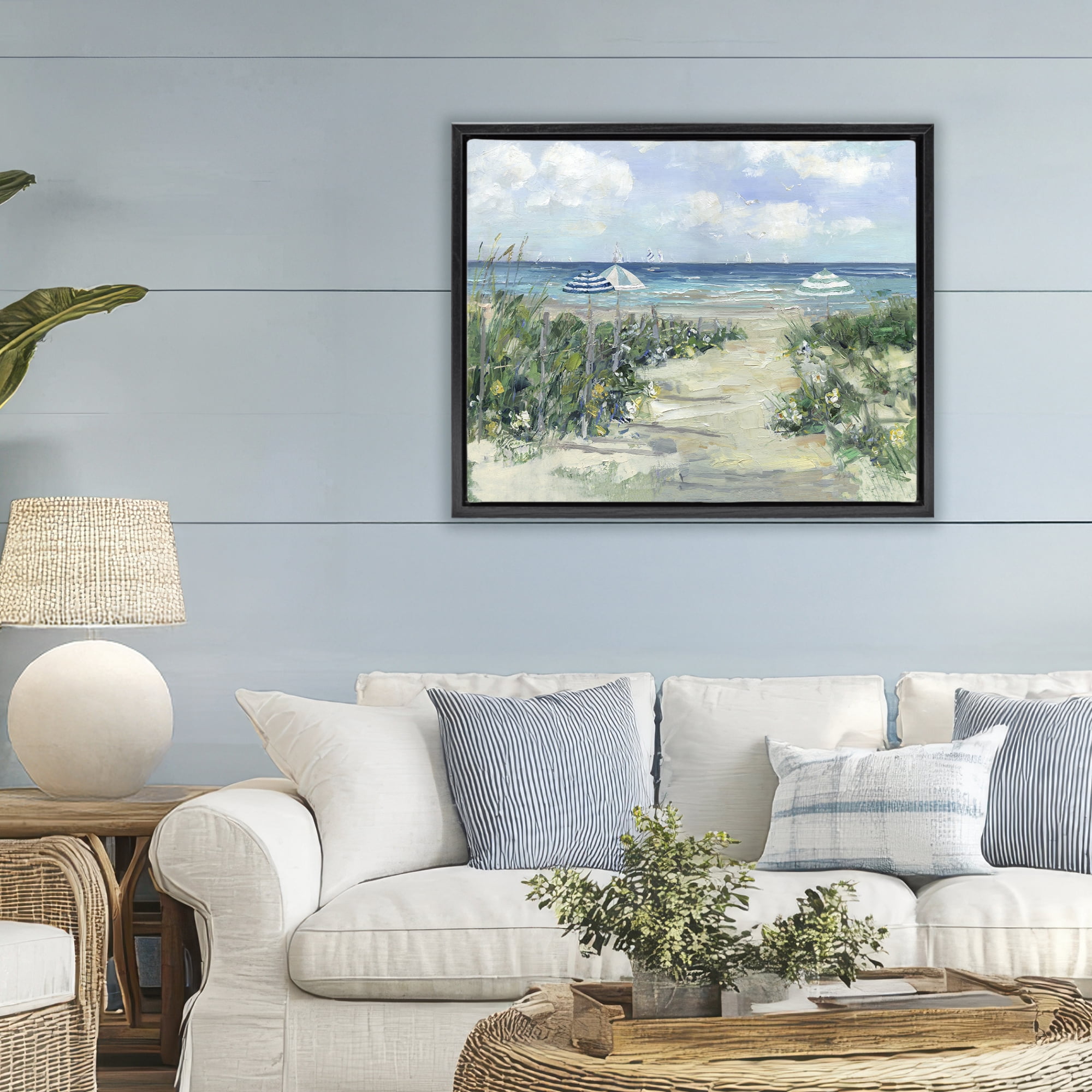 Stupell Industries Seaside Path To Striped Umbrellas Black Framed Floater Canvas Wall Art, design by Sally Swatland