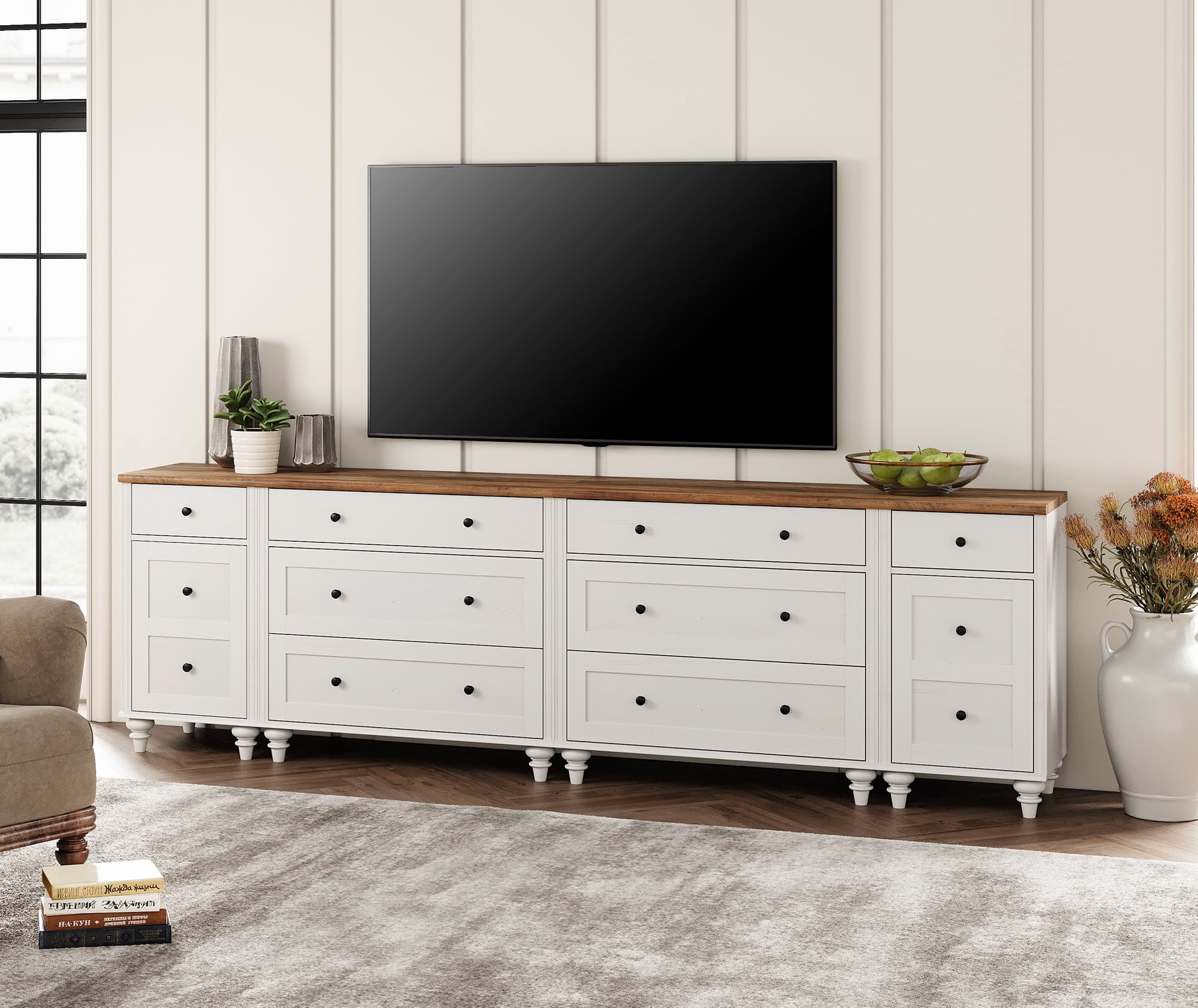WAMPAT Farmhouse TV Stand for 100 Inch TV, 3-in-1 TV Console Table with Drawers and Ample Storages, Entertainment Center with Charging Station for Living Room, White