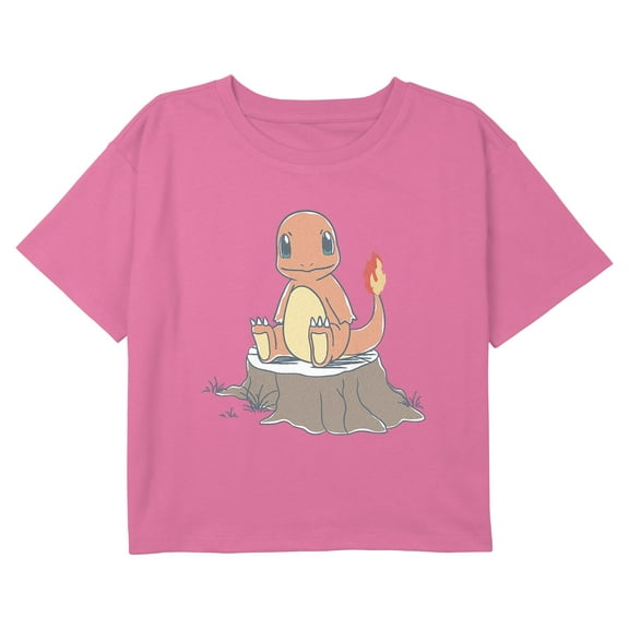 Girl's Pokemon Cute Charmander on Tree Stump Graphic Cropped T-Shirt