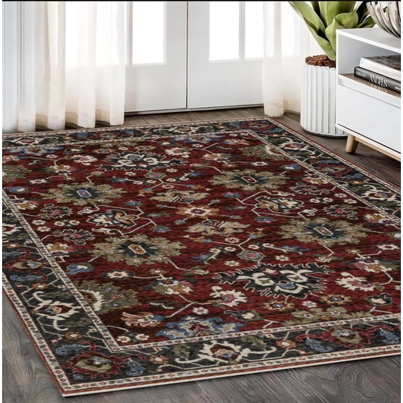 HomeRoots 574908 5 x 8 ft. Oriental Rectangle Area Rug with Fringe, Red, Blue & Charcoal