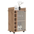 thumbnail image 4 of 32" H light oak bar-coffee cart, Kitchen or living room cabinet storage with with 4 wheels, with 6 bottle racks, a central shelf covered by 1 glass door, 1 support surface with aluminum front., 4 of 6