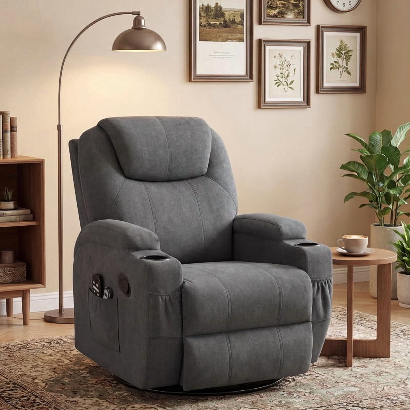 Lacoo PU Leather Swivel Rocker Recliner with Massage for Living Room Small Spaces Lounge Recliner Chair with Side Pockets for Adults,Linen Gray