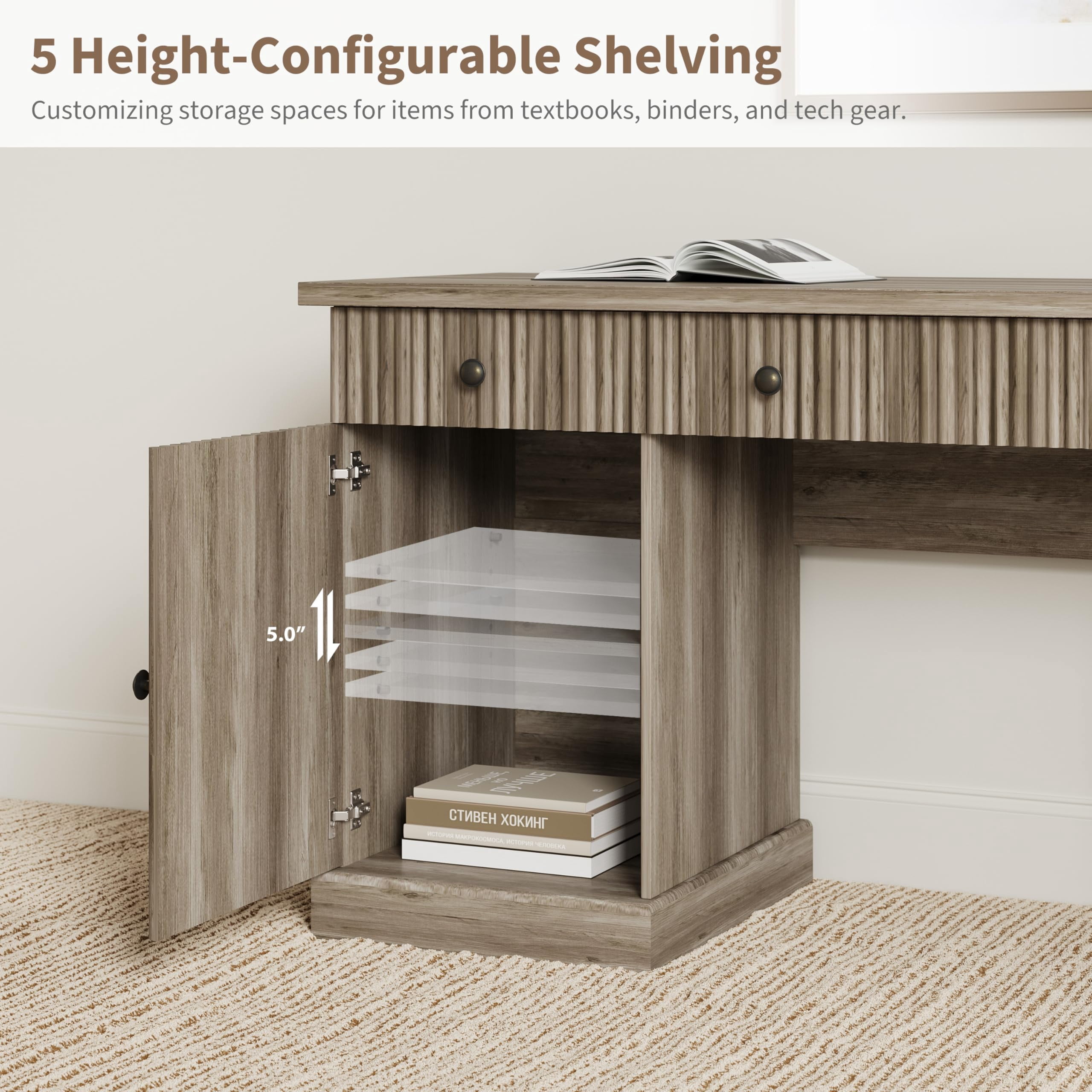 Garvee 60" Fluted Executive Desk with Charging Station & File Storage – Modern Wooden Computer Desk for Home Office, Study, Living Room or Bedroom-Gray