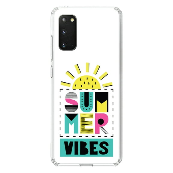 DistinctInk Clear Shockproof Hybrid Case for Galaxy S20 / S20 5G (6.2" Screen) - TPU Bumper, Acrylic Back, Tempered Glass Screen Protector - Summer Graphics - Summer Vibes Teal yellow Pink