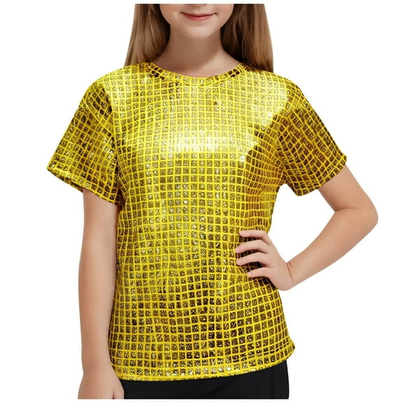 Vibrex Children's Performance Outfit Sequin Short Sleeved T-shirt Round Neck Elastic Boys Girls Sparkly Dance Performance Costume Sequins Glitter Blouse