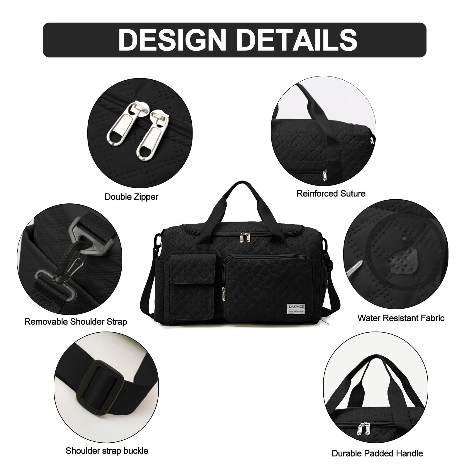 DAKIMOE Travel Duffle Bag for Women Men, Weekender Overnight Bags Carry on Gym Bag with Wet Pocket/Adjustable Strap/Shoe Compartment, Foldable Waterproof Duffel Tote for Plane Sports Dance, Black
