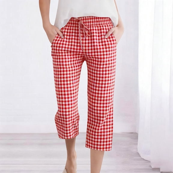 Ahuyic Womens Shorts Linen Look Plaid Drawstring Elastic Waist Casual 7 Inch Pants for Womens Daily Wear