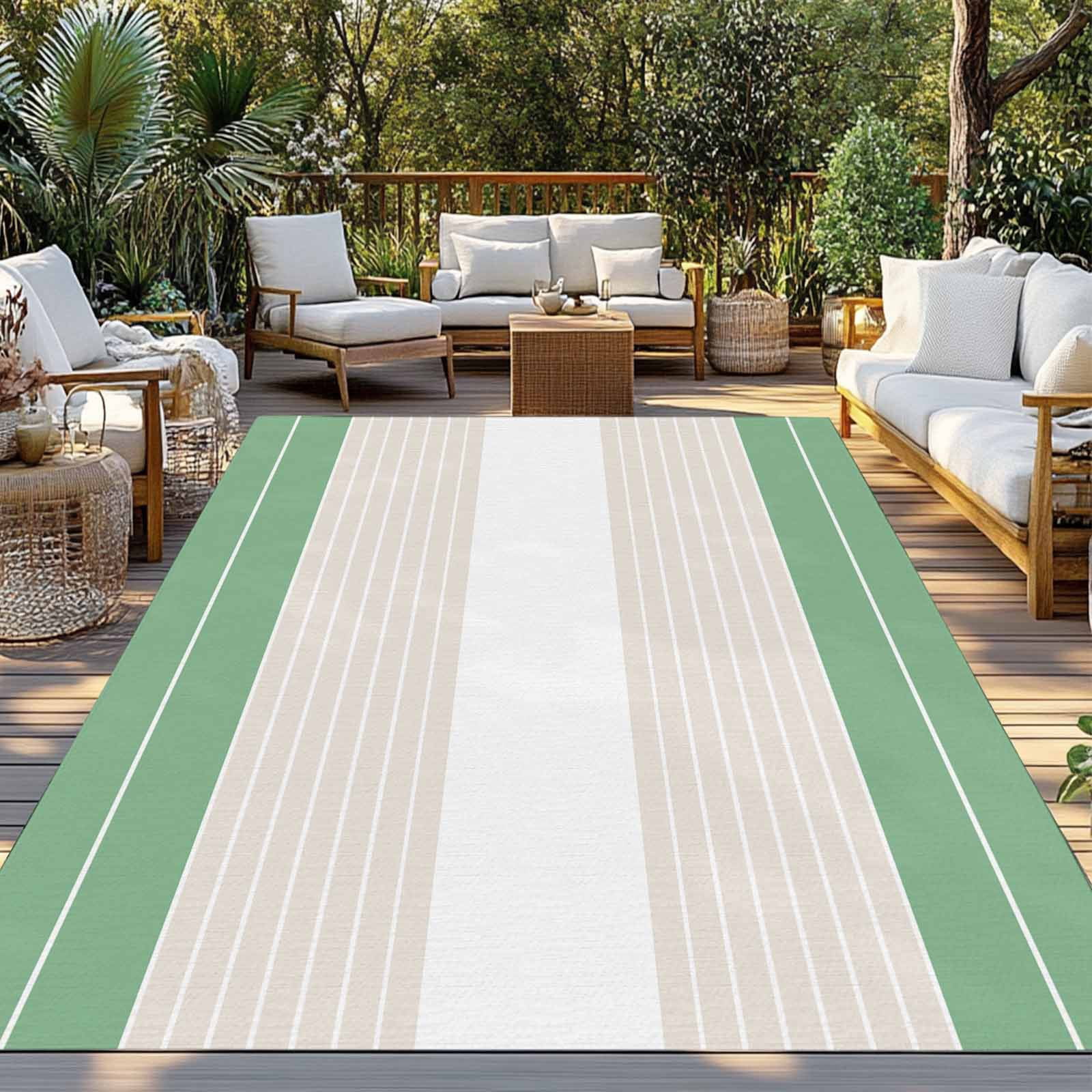Green Beige Stripe Outdoor Rug 5x8 Ft - Reversible Patio Rug Outdoor Camping Rugs, Modern Art Horizontal Striped Washable Indoor Outdoor Area Rugs, Non-Slip Outdoor Carpet Runner for Deck/Porch