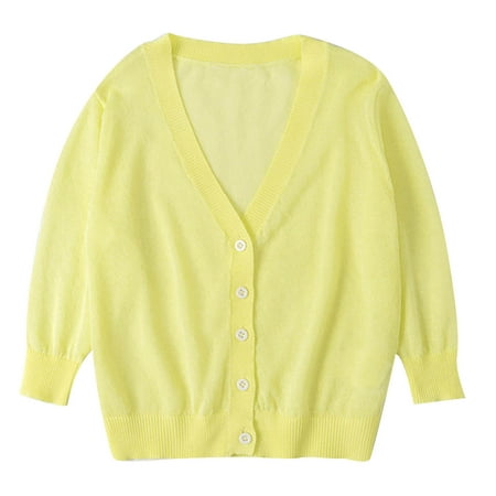 

JSGEK 4-5 Years Kids Solid Color Front Open Jacket Button Down V Neck Sweater Fall and Spring Fall Casual Knit Outwear Regular Fit Soft Girls Cardigan Comfort Yellow