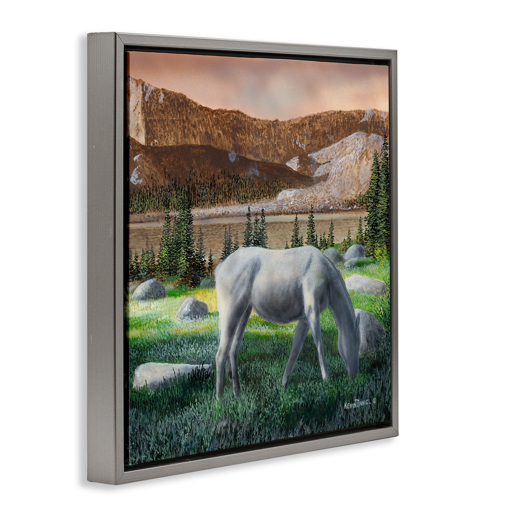Stupell Industries Grazing Horses in Countryside Landscape & Nature Painting Gray Floater Framed Canvas Art Print Wall Art, 18 x 18