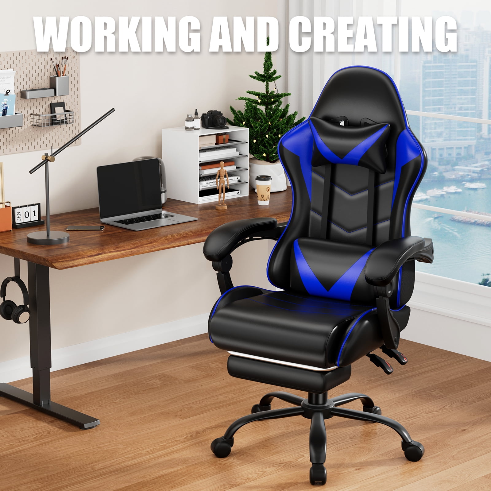 Czlolo Gaming Chair, Lumbar Massager Game Chairs, High Back Reclining, with Headrest Gamer Office Chair.(Blue)