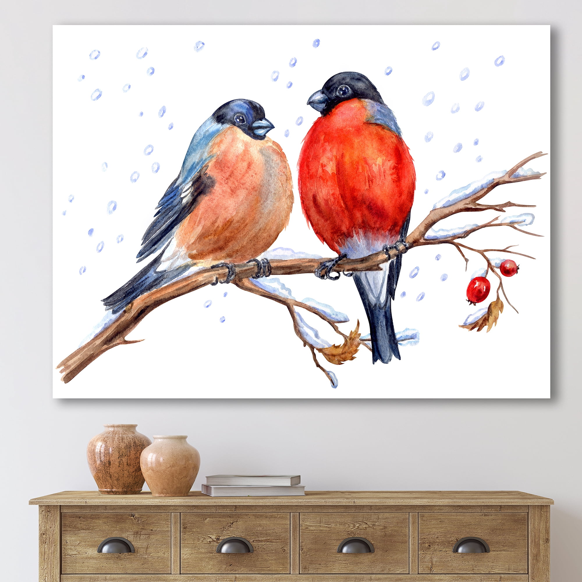 Two Bullfinches On A Hawthorn Branch with Snowfall In Winter 12 in x 8 in Painting Canvas Art Print, by Designart