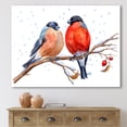 thumbnail image 2 of Designart ' Two Bullfinches On A Hawthorn Branch with Snowfall In Winter ' Traditional Canvas Wall Art Print, 2 of 4