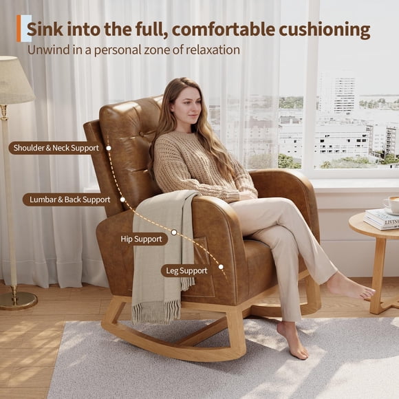 Sillón mecedora ergonómico para sala de estar o dormitorio - Tapizado en piel PU transpirable - Respaldo alto y patas de madera maciza - Diseño cómodo para lactancia o lectura