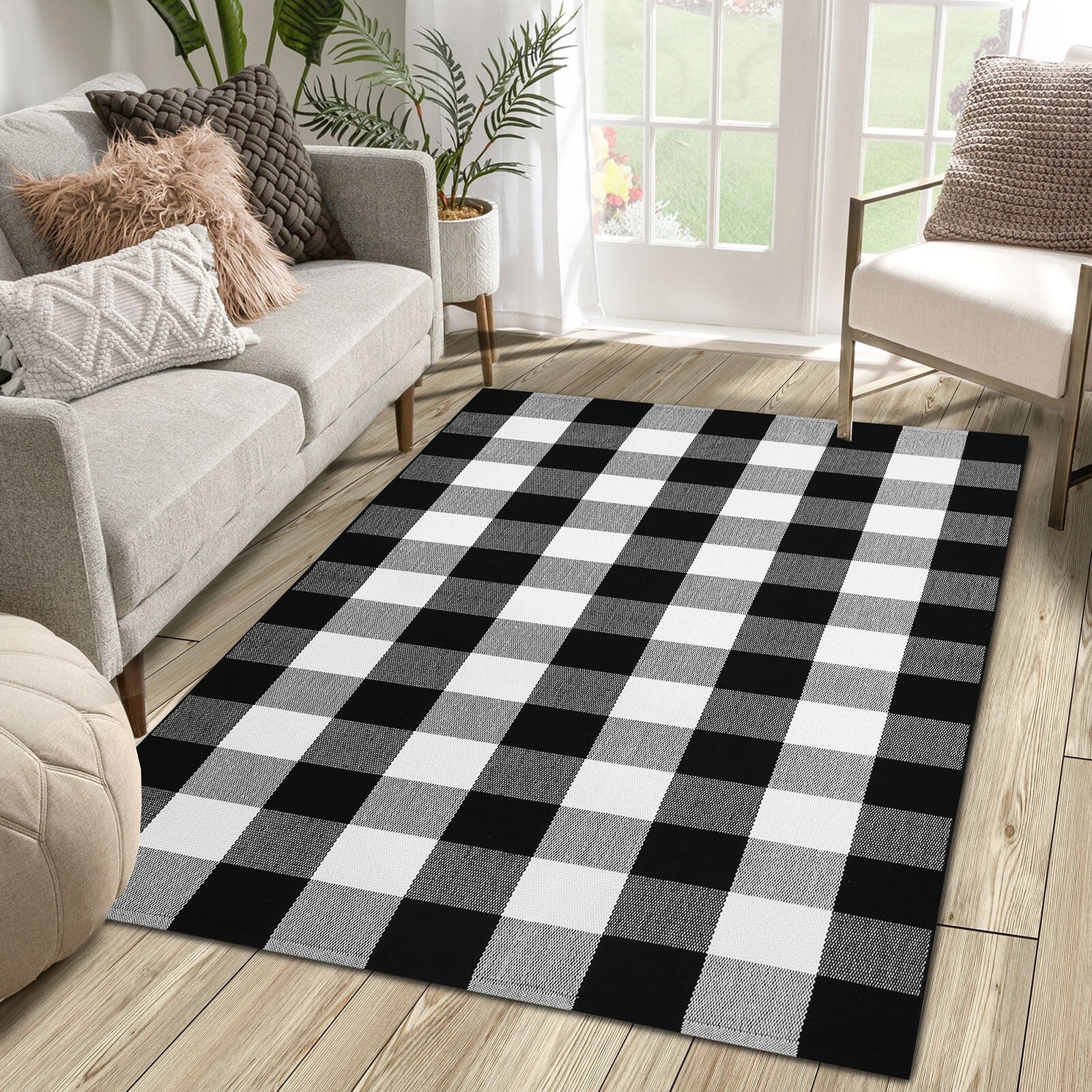 iOhouze Outdoor Rugs Buffalo Plaid Black and White 3'x5' Area Rug, Cotton Woven Washable Indoor Outdoor Rug Farmhouse/Living Room/Bedroom/Kitchen Rug Retro Lattice Checkered Rug
