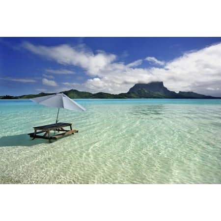 Picnic Table Umbrellas French Polynesia Tahiti Bora Bora Picnic Table And Umbrella In Clear Lagoon Water PosterPrint ()