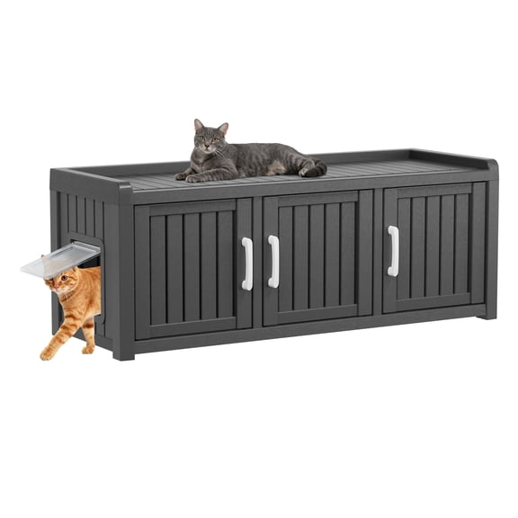 LHBcraft Hidden Cat Litter Box Enclosure Furniture with 3 Doors & 2 Windows, Waterproof PP Multi-Functional Cat Cabinet for Living Room and Bedroom, Black