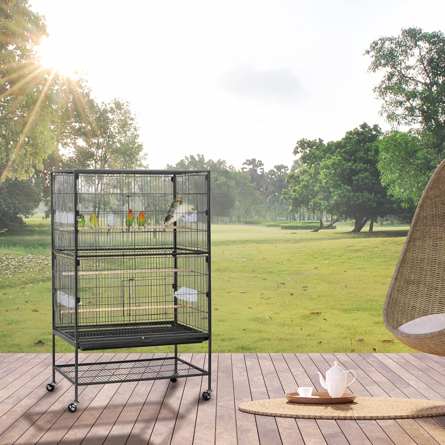 52'' Bird cage w/Perches & Feeders, Large Birdcage with Pull-Out Tray, Rolling Wheels, Extra Storage, Flight Cage for Cockatiel, Parrot, Parakeet, Conure, Budgie, Pigeon Small/Medium Birds