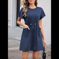 thumbnail image 4 of Robes Femmes Printemps Été 2025 Décontractées Col Rond à Volants Manches Courtes Fluides Ligne A Mini Robe avec Poches Bleu Merle L, 4 of 8