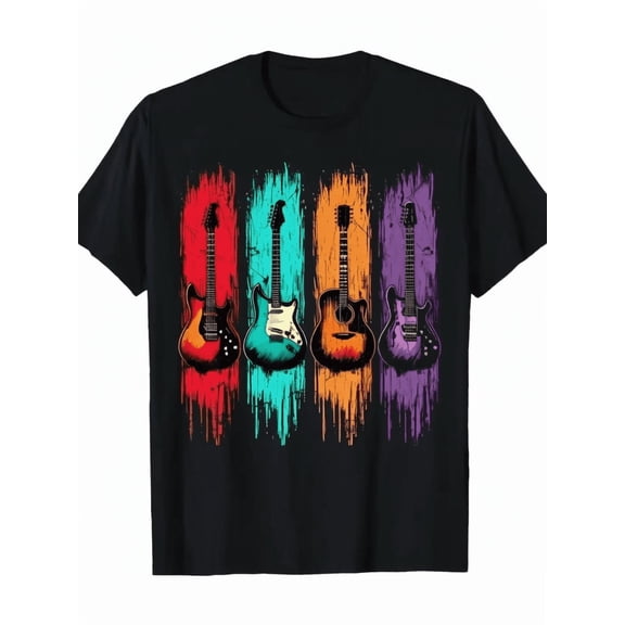 Retro Music Tee - 100% Cotton T-Shirt with Vintage Guitar & Graphics