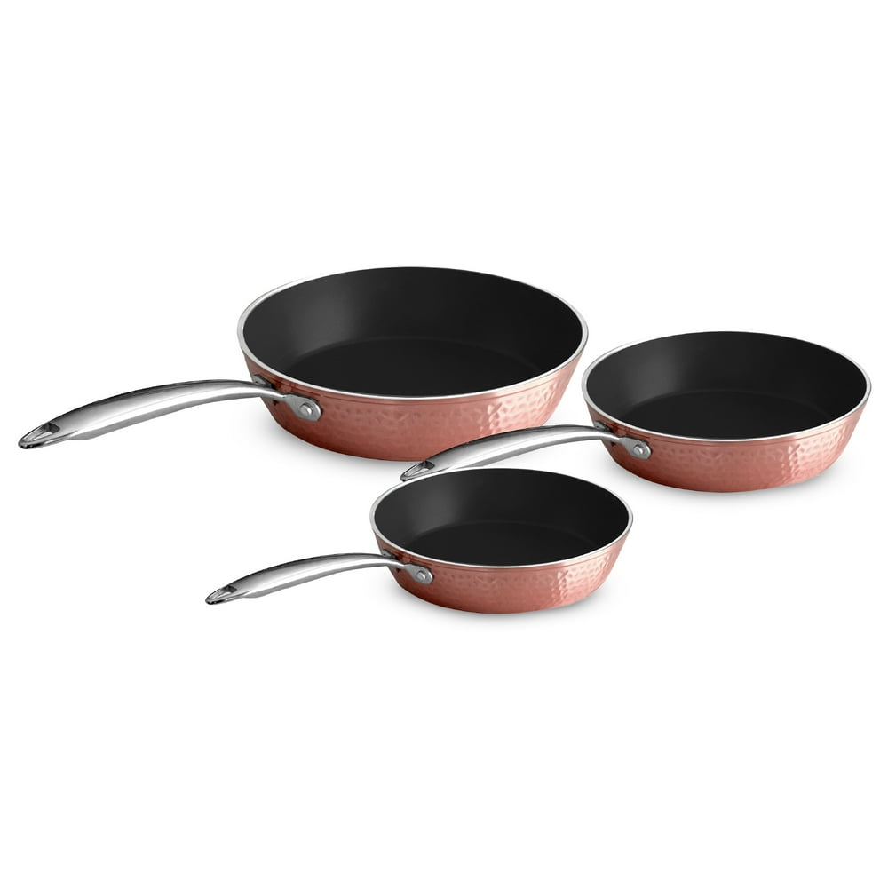 OrGREENic 3 Piece Ceramic NonStick Skillet & Fry Pan Set, Hammered Rose Gold