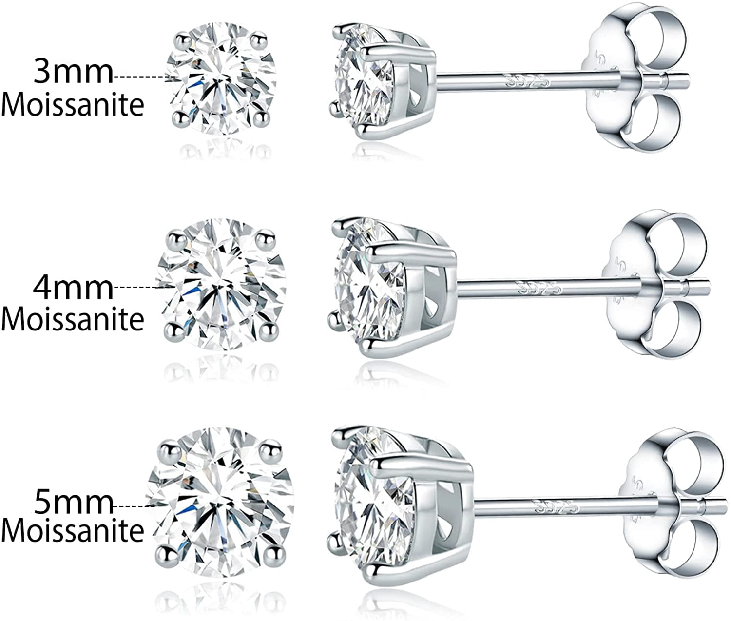 GEMSME 925 Sterling Silver Filled White Gold Plated 4 Prong Round Clear Moissanite Stud Earring for Women 3/4/5mm Pack of 3 Pairs