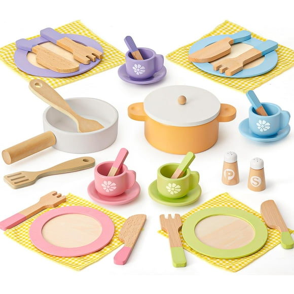 Juego de platos de cocina Toyssa de madera para niños, 34 piezas