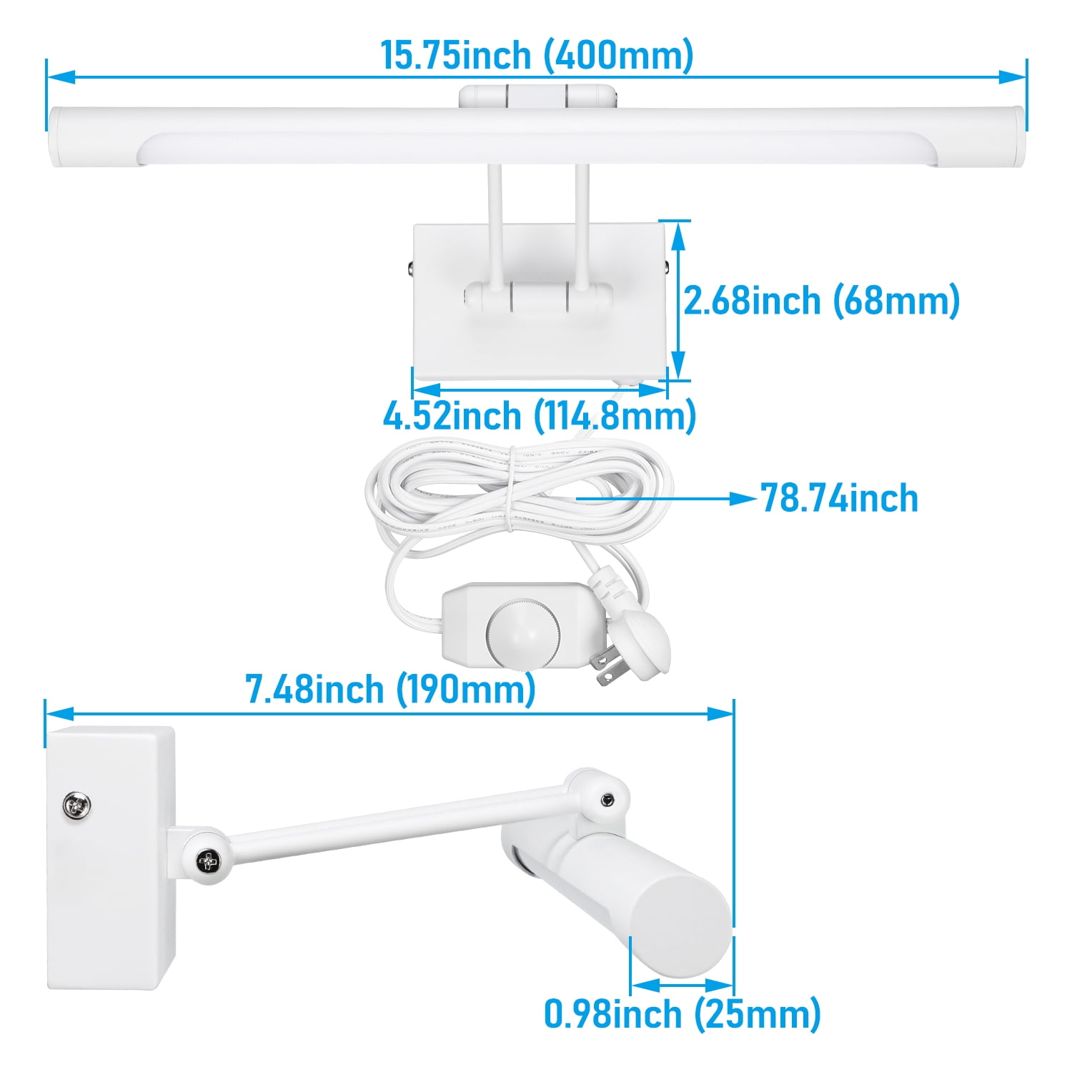 2 Pack LED Picture Light, Swivel Metal Artwork Lamps, 15.75 Inch, 2700K/3000K/4000K Selectable, Plug-n-Play & Hardwire Art Lighting, White