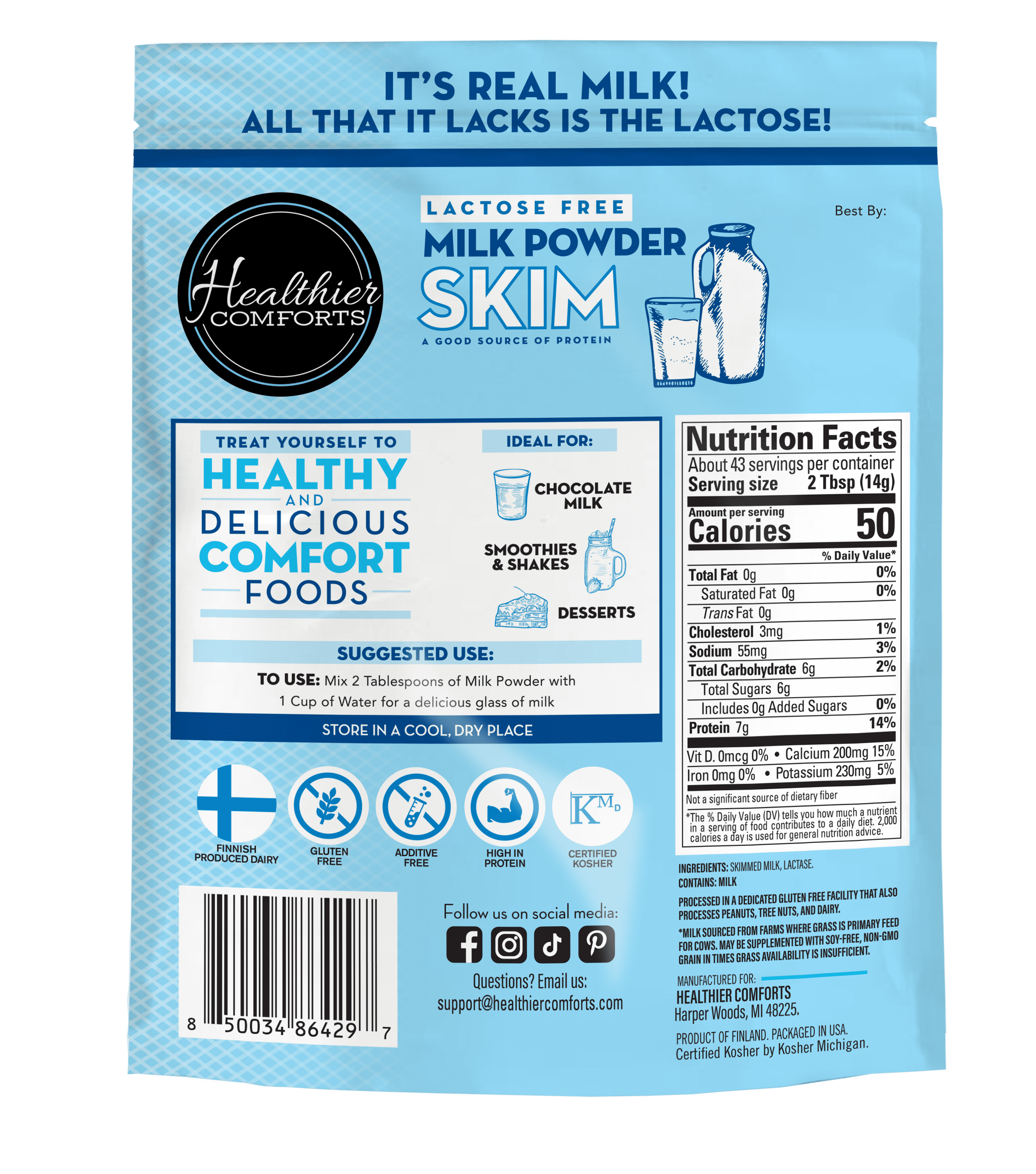 Healthier Comforts Lactose Free Skim Milk Powder 21oz | High Protein, Fat Free, Non-GMO, Kosher, Gluten Free, No Fillers | Baking, Coffee Creamer, Shakes