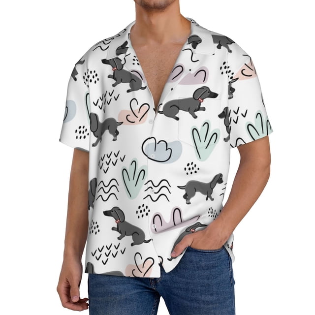 Balery Dachshund Dog Puppy Camisa Casual de Manga Corta con Botones para Hombre, Texturizada, Estilo Cubano, para Playa, Verano-Medium