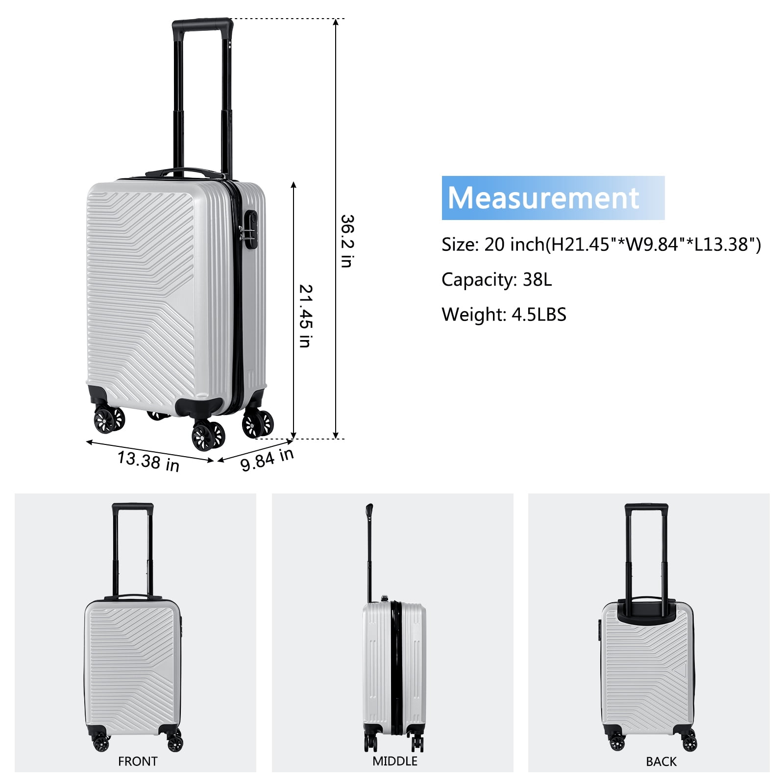 Carry On Luggage, 20" Hardside Suitcase ABS Spinner Luggage with Lock - Crossroad in Silver