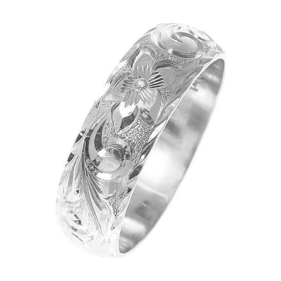 14K white gold hand engraved Hawaiian plumeria scroll band ring diamond edge edge 6mm size 9