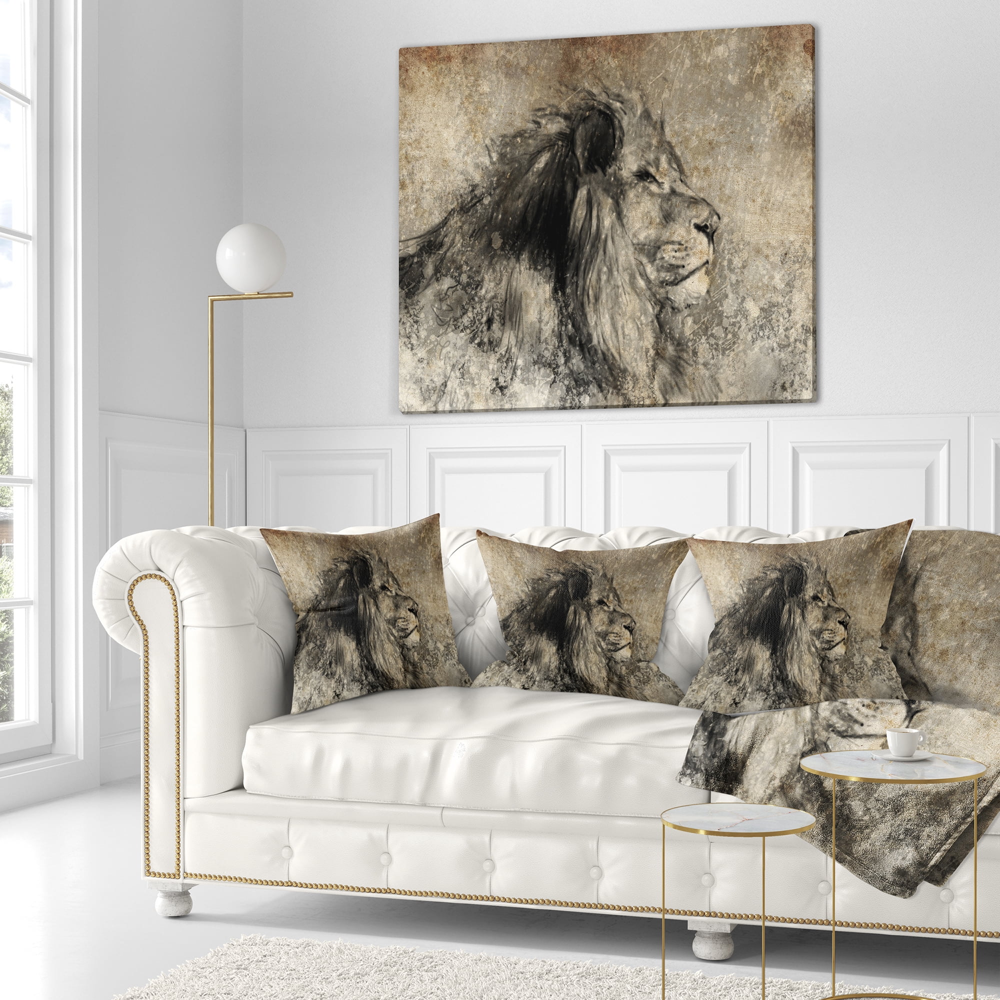 Designart Lion in Sepia - Animal Throw Pillow - 18x18