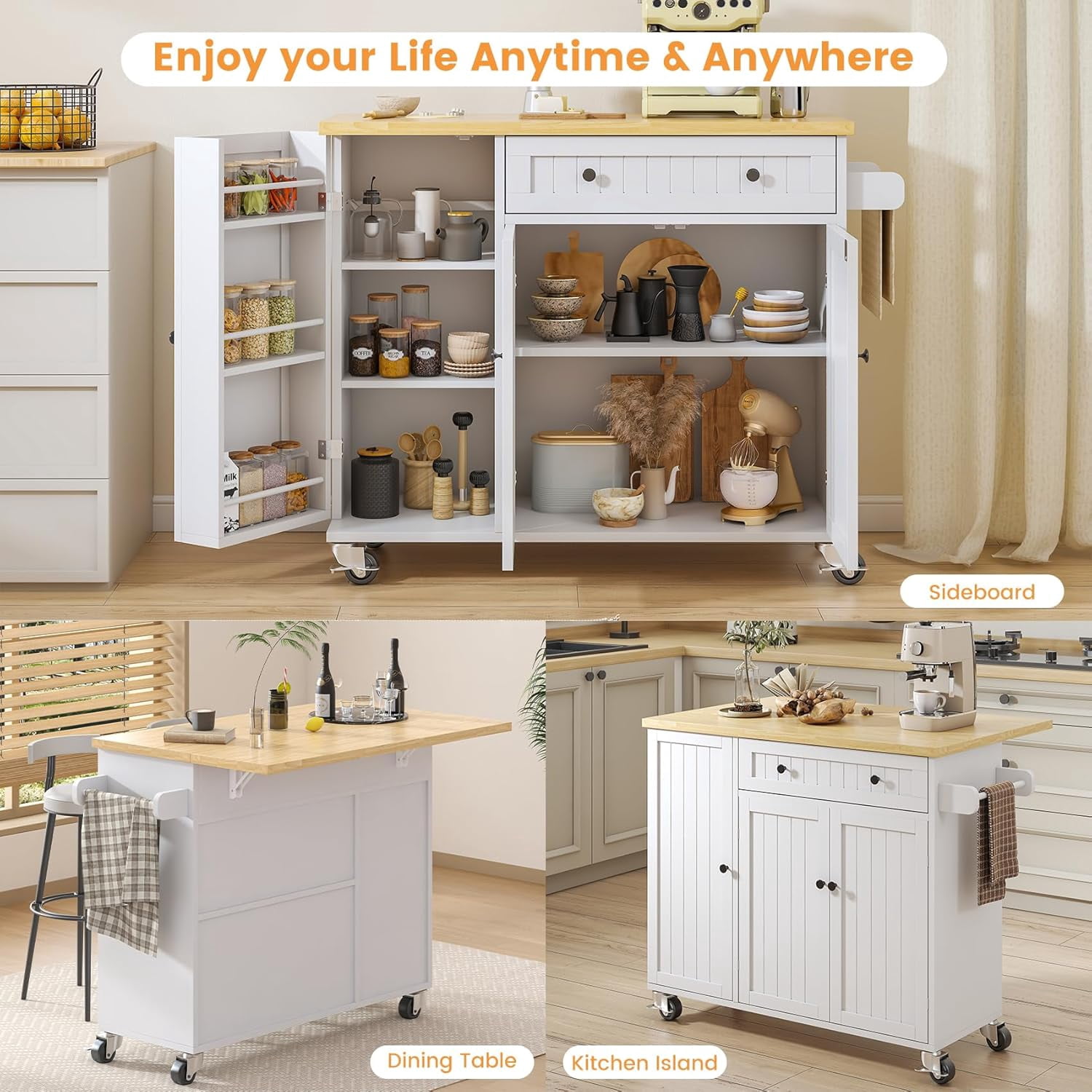 Frmobepts 41.3" Kitchen Island Cart Rolling Storage Cabinet Cart with Drawer & Rack,White