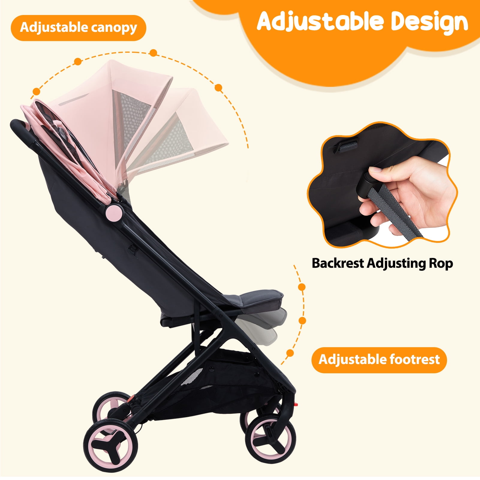 Kojooin Lightweight Baby Stroller, Compact Umbrella Stroller with Adjustable Sunshade/Footrest/Backrest, Folds with One Hand, Suitable for Newborns, and Can Be Taken On Board