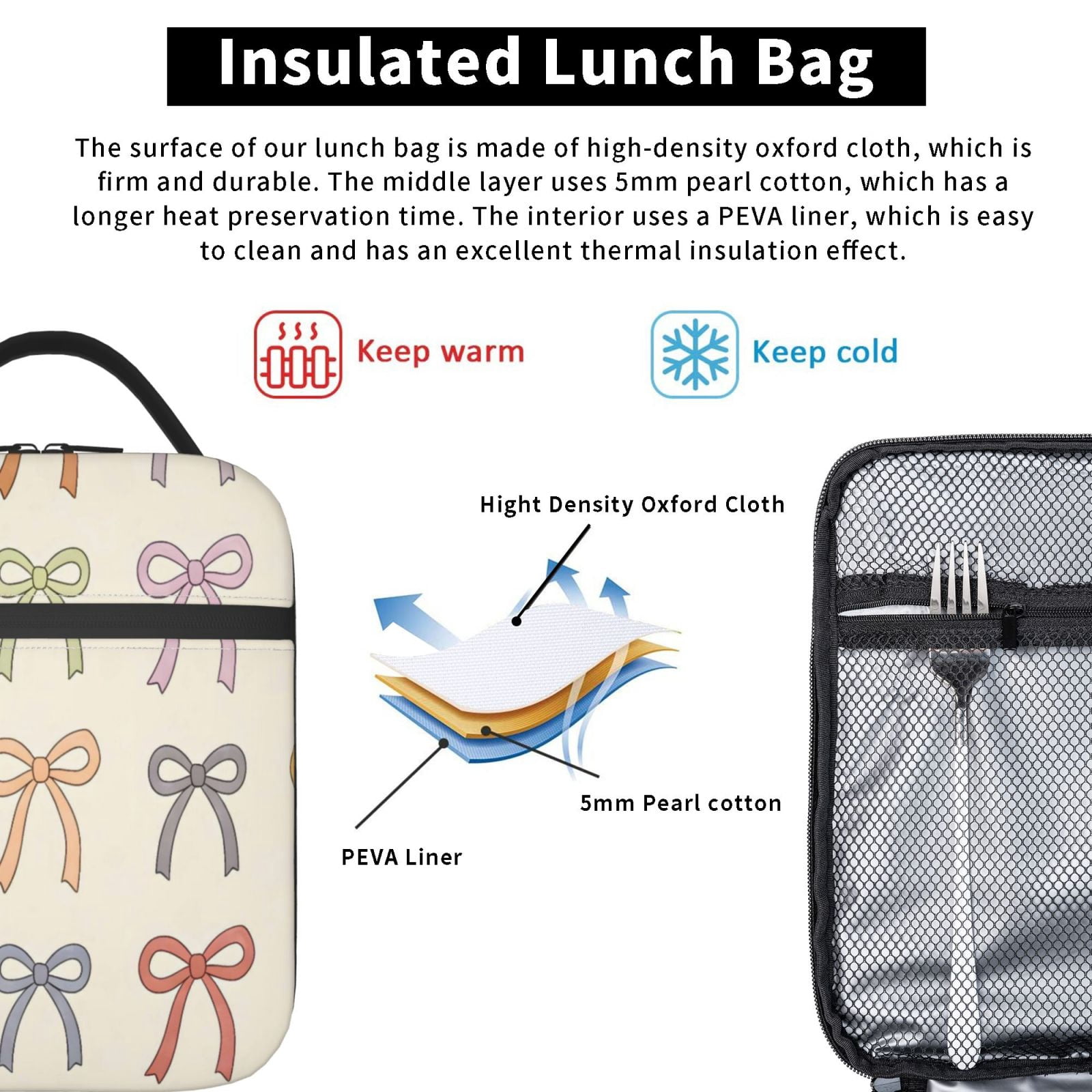 Lunch Bag For Women Men Insulated Portable Lunch Box Bento Box Office Picnic Travel Cooler Bag Colorful Bows (4)