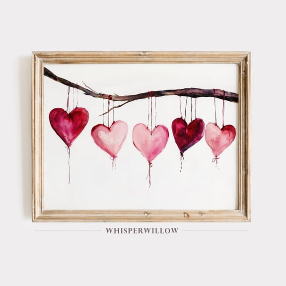 Hanging Hearts, Elegant Valentine's Day Art, Modern Minimalist Boho, Romantic Wall Decor Poster Decor, Size 8x12 UNFFRAMED F03.1.8l1925