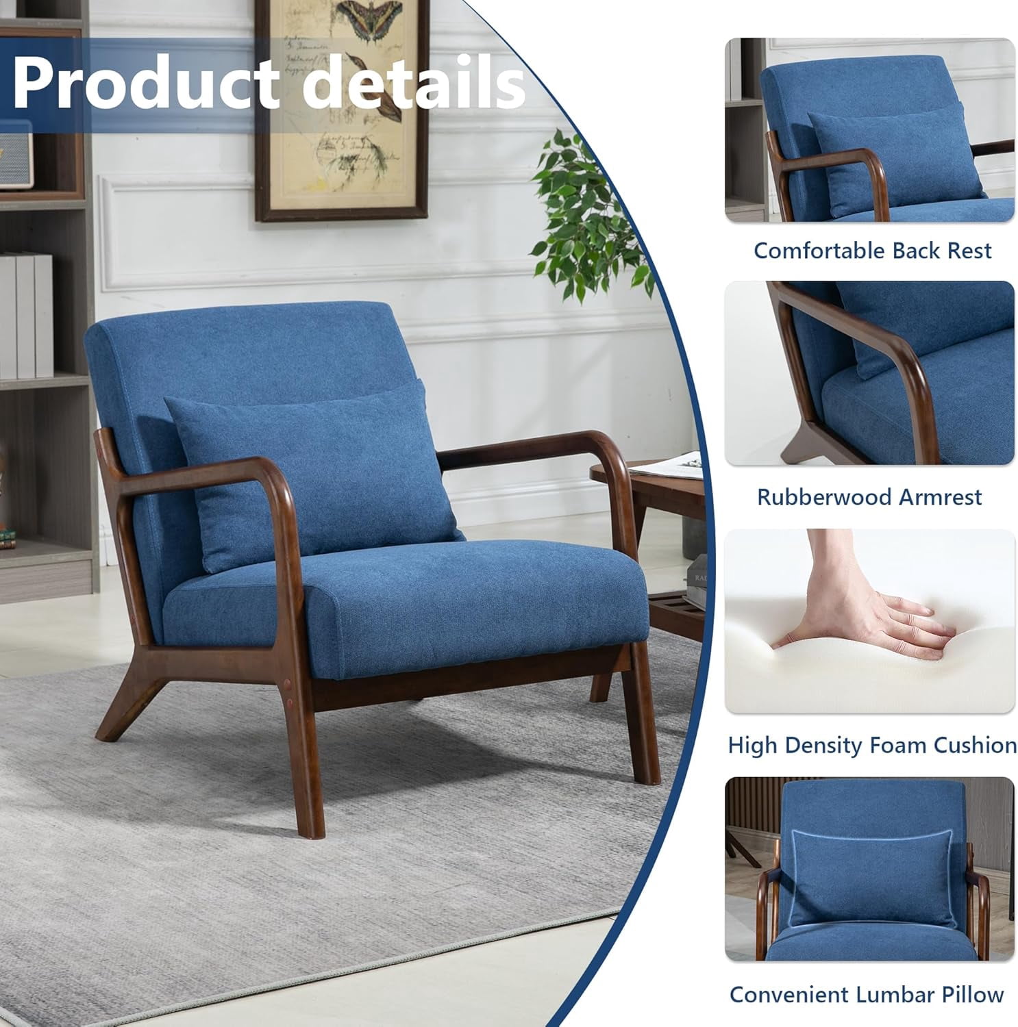 MOONMISS Mid-Century Modern Accent Chair, Velvet Fabric Arm Chair with Wood Frame and Pillow, Upholstered Armchair Comfort Reading Chair Lounge Chair for Living Room Bedroom Sunroom,Blue