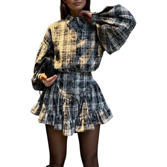 Women'S Elegant Two Piece Set Plaid Design with Ruffle Short Skirt High-End Office Outfit Light Gray M