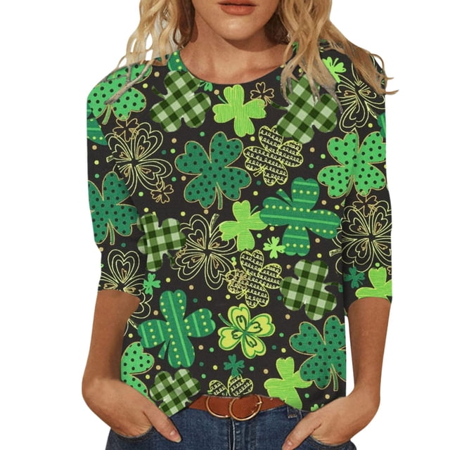 lcziwo Haut à Manches 3/4 Imprimé pour la Saint-Patrick pour Femmes, T-Shirt Trèfle Chanceux Manches 3/4 Col Rond Mode, S-2TG m