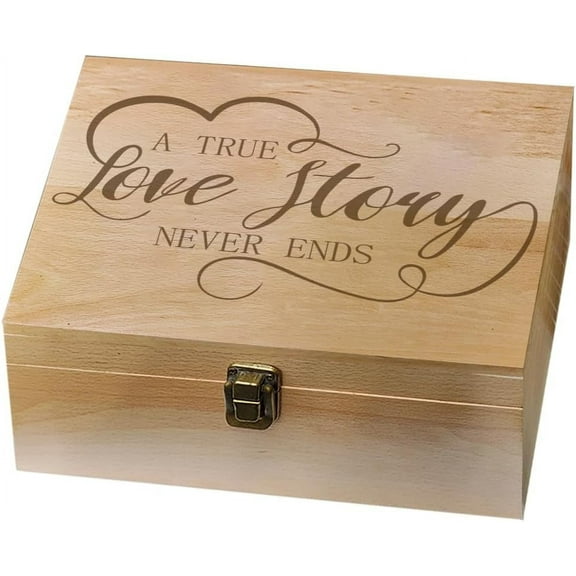 1 Pc Wood Memory Keepsake Box Love Story Never Ends Memory Box with Hinged Lids Love Theme Keepsake Chest for Wedding Anniversary Photo Letter Storage 9.6x7.6x4inch(24.5x19.5x10.3cm)Mixed Color
