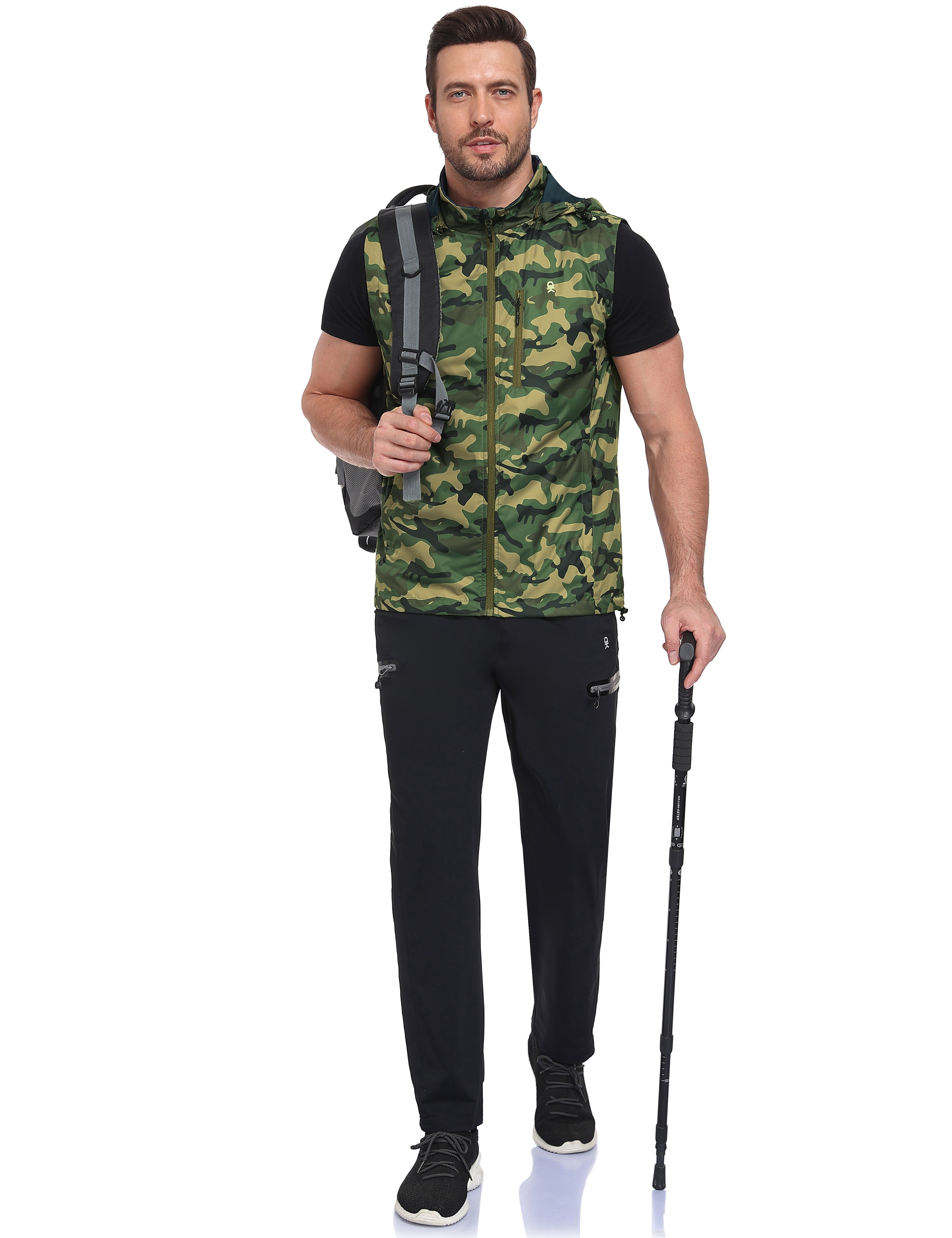Little Donkey Andy Men's Lightweight Softshell Vest Detachable Hood Windproof Golf Sleeveless Jacket for Hiking Running Green Camouflage M