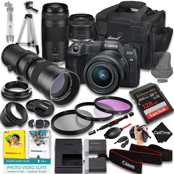 Canon EOS R8 Mirrorless Camera with RF 24-50mm f/4.5-6.3 IS STM And 75-300mm f/4-5.6 & 420-800mm f/8 Lens   128 GB Memory   Extra Battery   Camera Case   More (25pc Bundle)