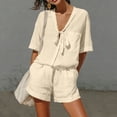 thumbnail image 6 of OGLCCG 2 Piece Cotton Linen Sets for Women V Neck Short Sleeve Tops and Wide Leg Shorts Summer Casual Beach Outfits with Pockets,XXXL, 6 of 7
